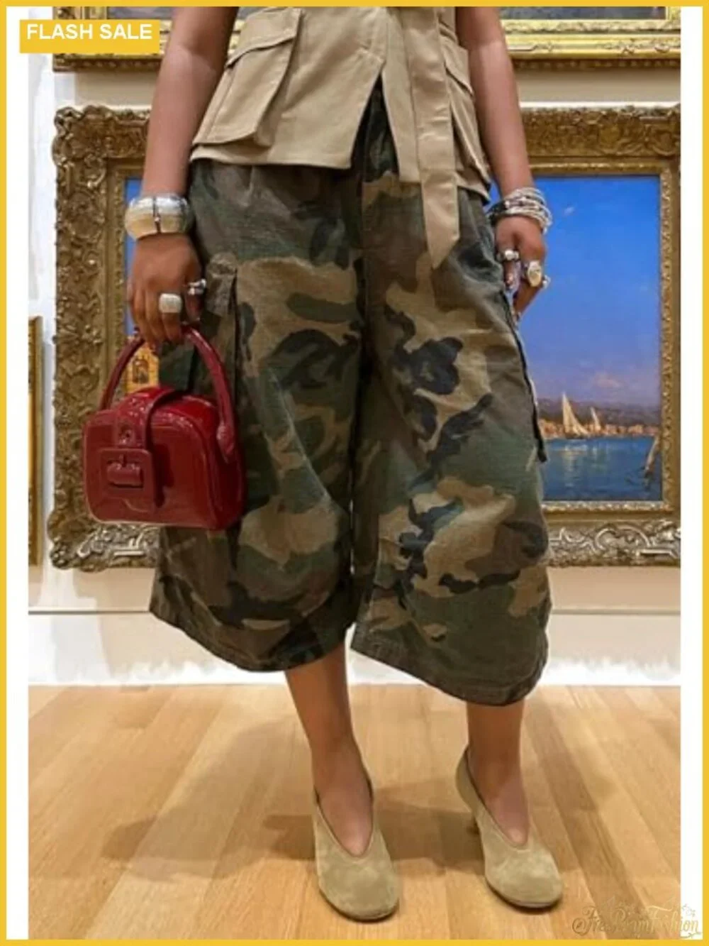 Women's Camo Cargo Jeans Baggy Wide Leg High Waist Capris Camouflage Trousers
